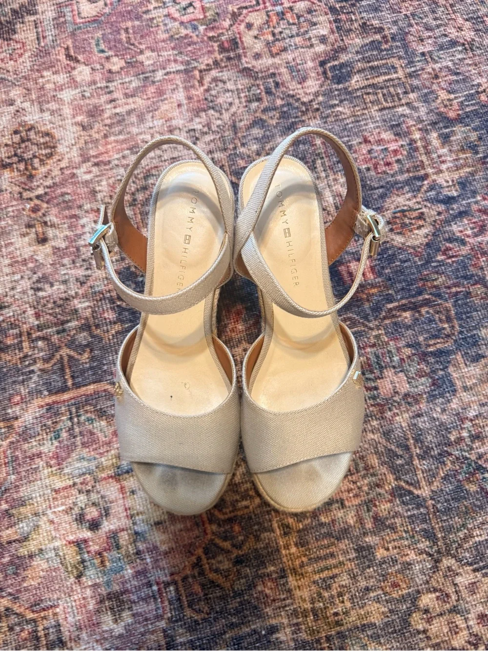 Tommy Hilfiger Neutral Beige Canvas Espadrille Wedge Sandals